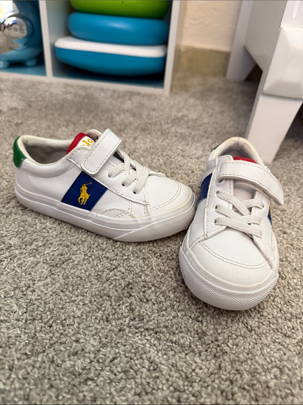 Polo by Ralph Lauren White Leather Kids Sneakers with Blue Stripe & Green Heel